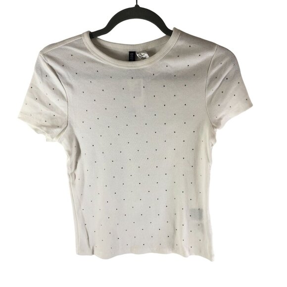 Divided H&M Womens T Shirt Ribbed Rhinestone Studded Short Sleeve White M - Picture 1 of 4